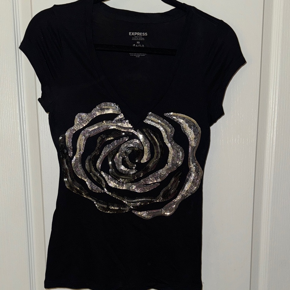 Express Black Tee with Metallic Floral Design